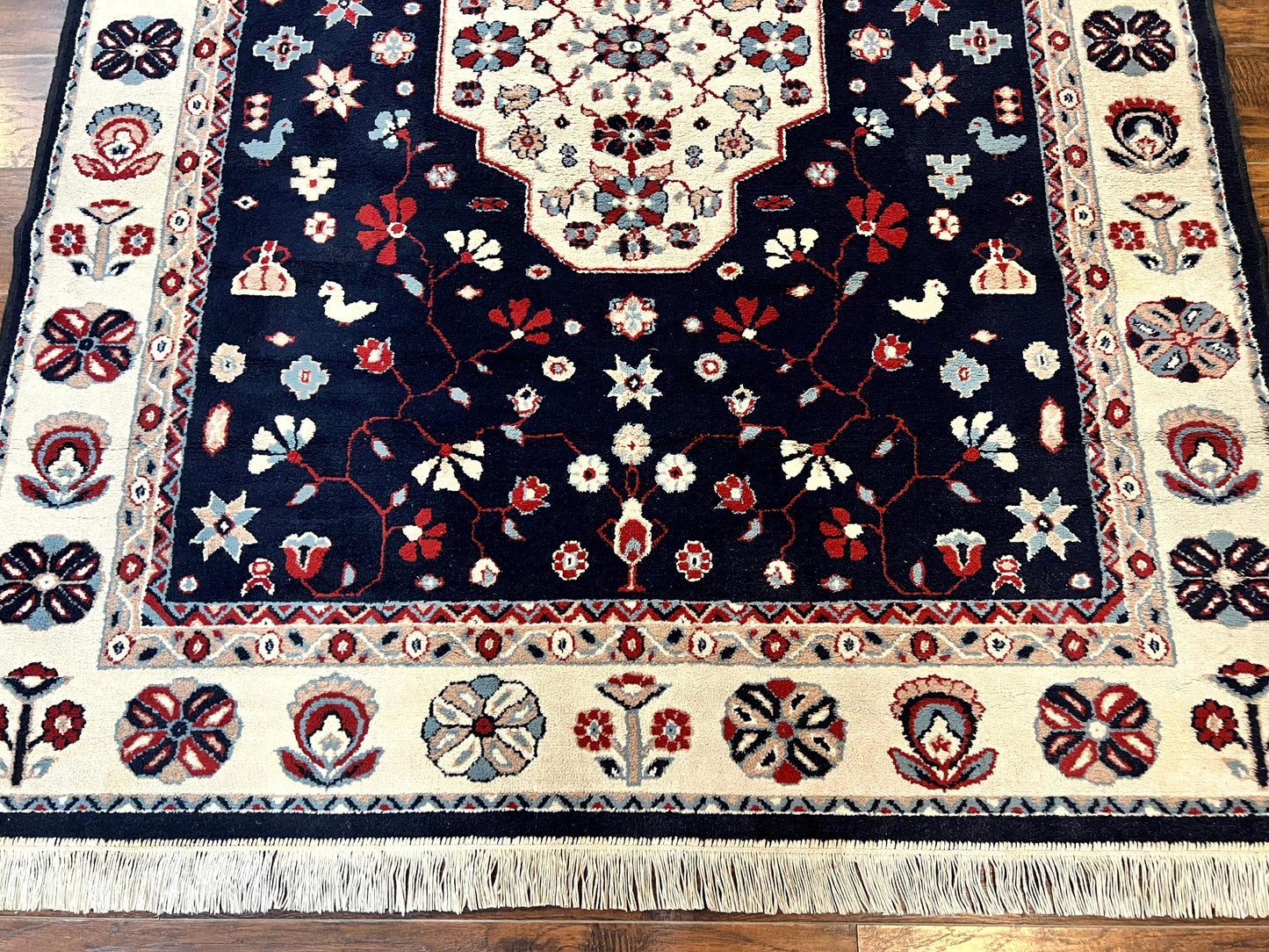 Belgium Power Loomed Rug 5.6 x 7, Navy Blue and Ivory, Heriz Pattern, Vintage Oriental Carpet