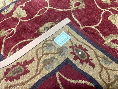 Tibetan Aubusson Rug 8x10, Maroon and Beige, Floral, Handmade, Wool, Vintage, Traditional Rug