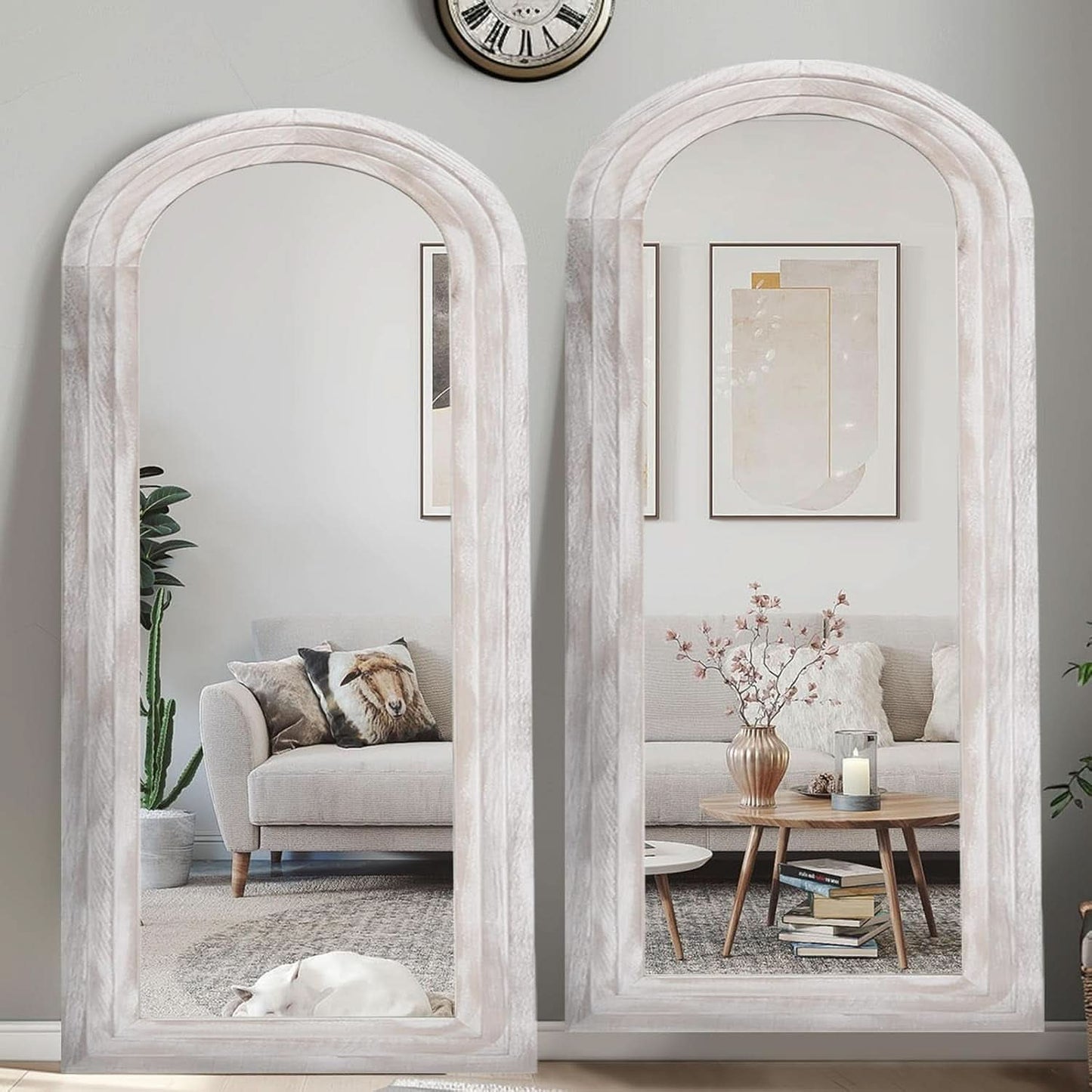 Arched Full Length Mirror With Solid Wood Frame 71x32 Rustic White