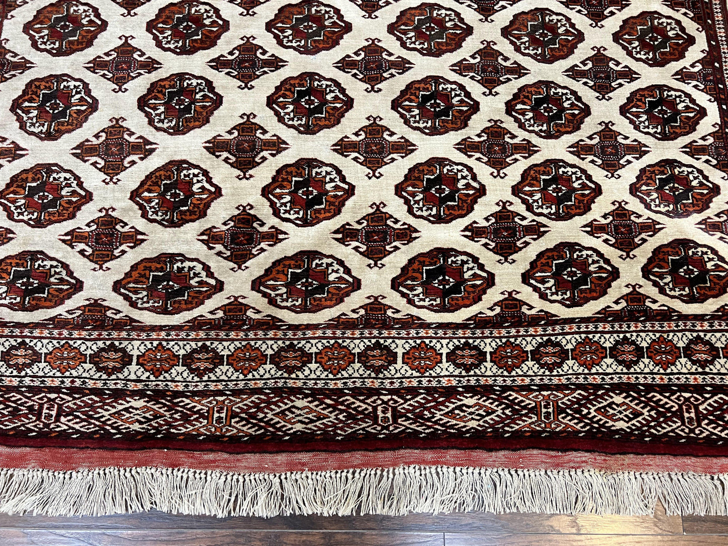 Persian Turkoman Rug 7x8, Almost Square Rare, Hand Knotted, Yamud, Bohemian Rug, Handmade Tribal Rug, Cream Red, Handmade Oriental Carpet