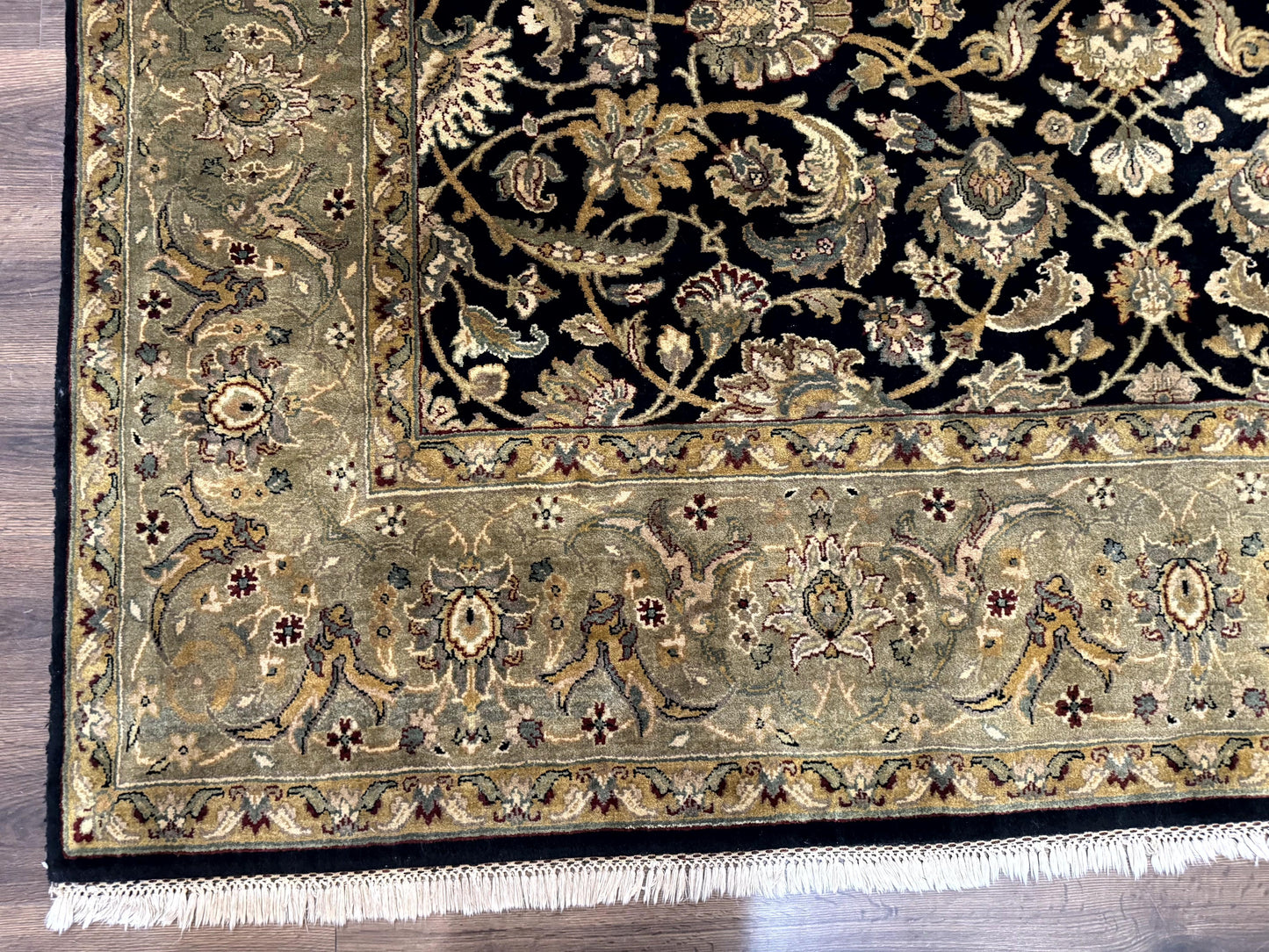 Indo Persian Rug 8x10, Black and Green, Wool, Handmade, Traditional, Floral Allover, Vintage