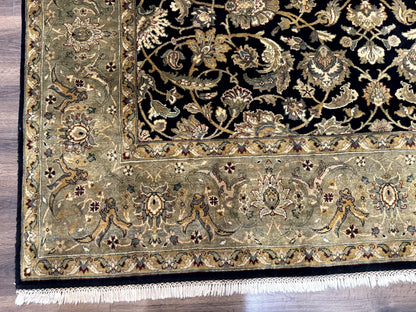 Indo Persian Rug 8x10, Black and Green, Wool, Handmade, Traditional, Floral Allover, Vintage