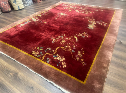 Red Chinese Art Deco Rug 9x11, Simple Design, Wool Chinese Area Rug, Antique