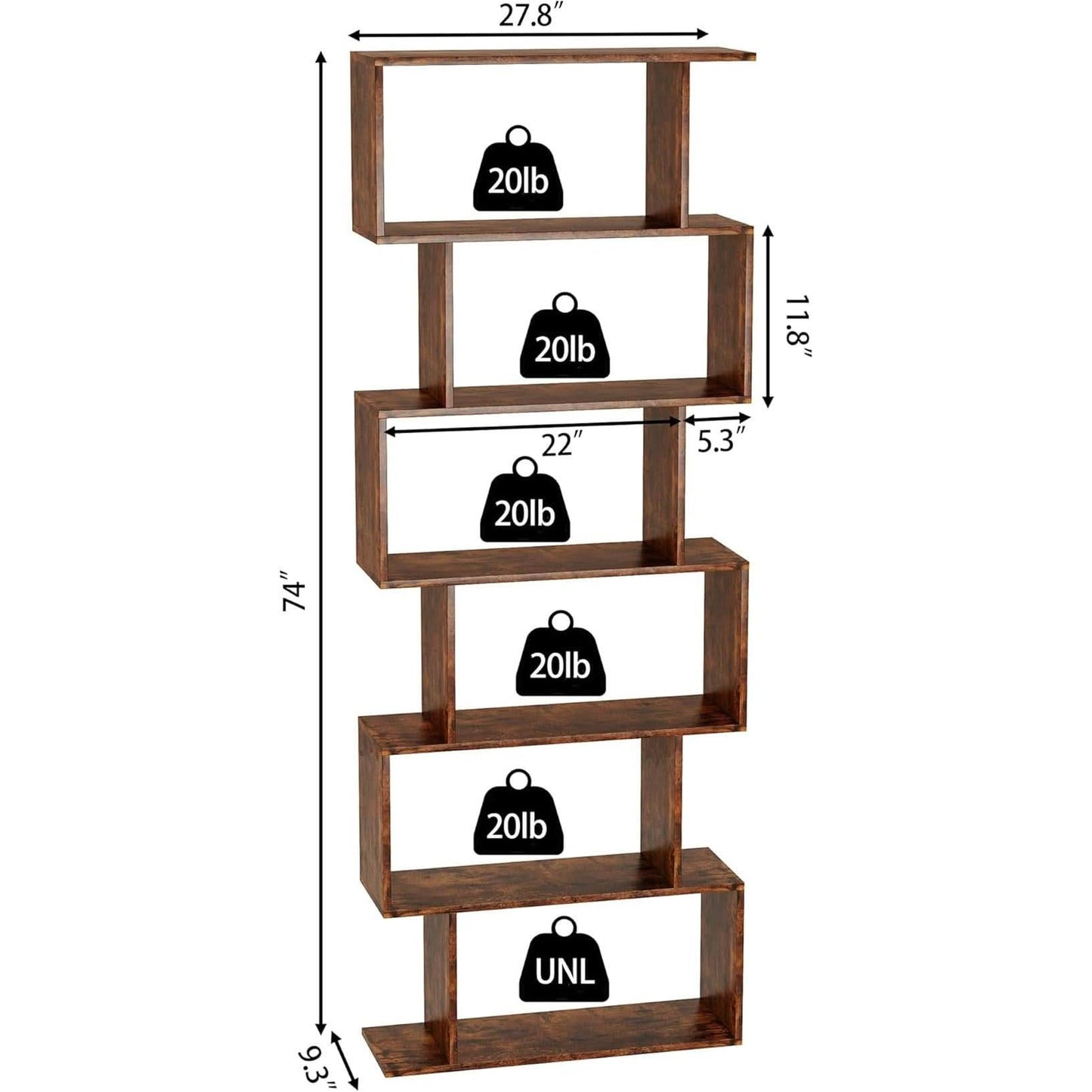 Geometric Bookcase 6 Tier S Shaped Rustic Brown Wood Shelf