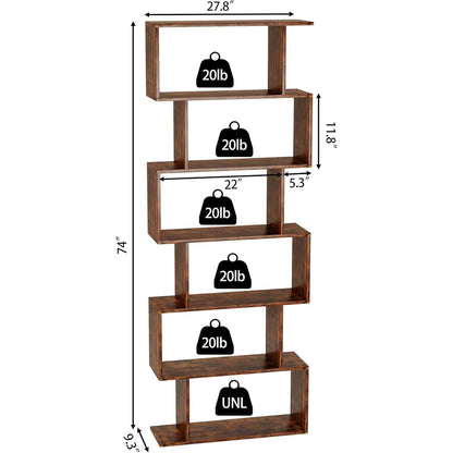 Geometric Bookcase 6 Tier S Shaped Rustic Brown Wood Shelf