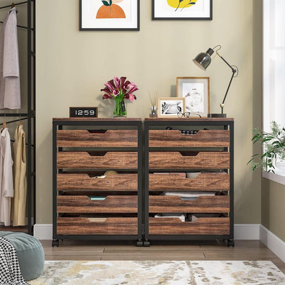 Industrial Five Drawer Wood Dresser Cart BrownFinish