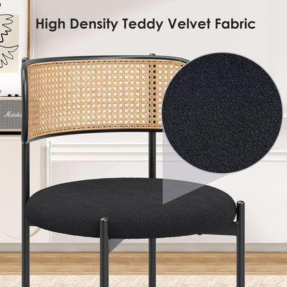 Set Of 4 Dining Chairs Mid Century Modern Rattan Back Upholstered Sherpa Black