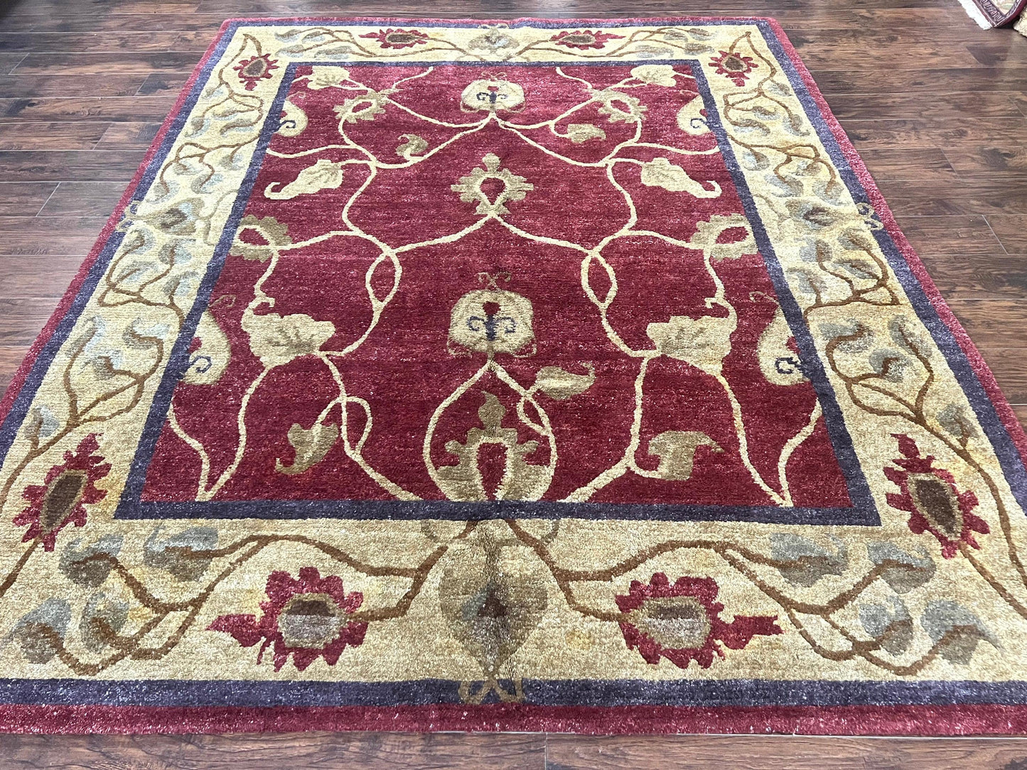Tibetan Aubusson Rug 8x10, Maroon and Beige, Floral, Handmade, Wool, Vintage, Traditional Rug