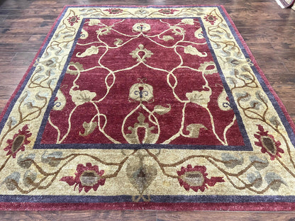Tibetan Aubusson Rug 8x10, Maroon and Beige, Floral, Handmade, Wool, Vintage, Traditional Rug