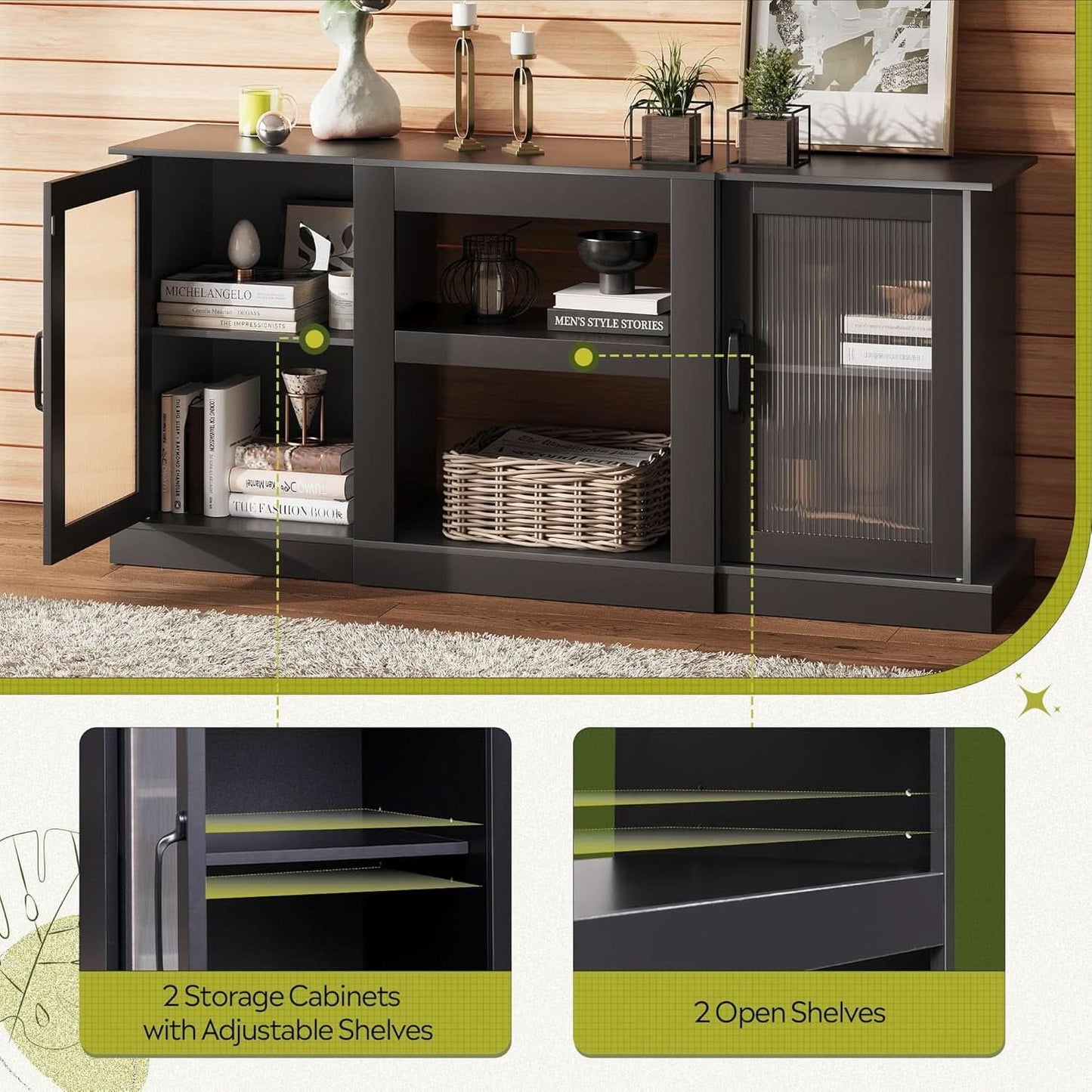 Retro TV Stand For 65 Inch TV With Storage And Open Shelves Black