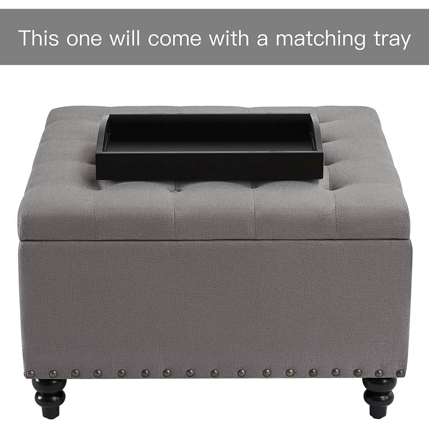 Grey Tufted Storage Ottoman With Tray Square Coffee Table