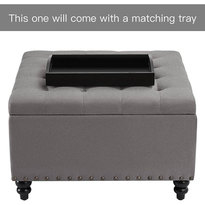 Grey Tufted Storage Ottoman With Tray Square Coffee Table
