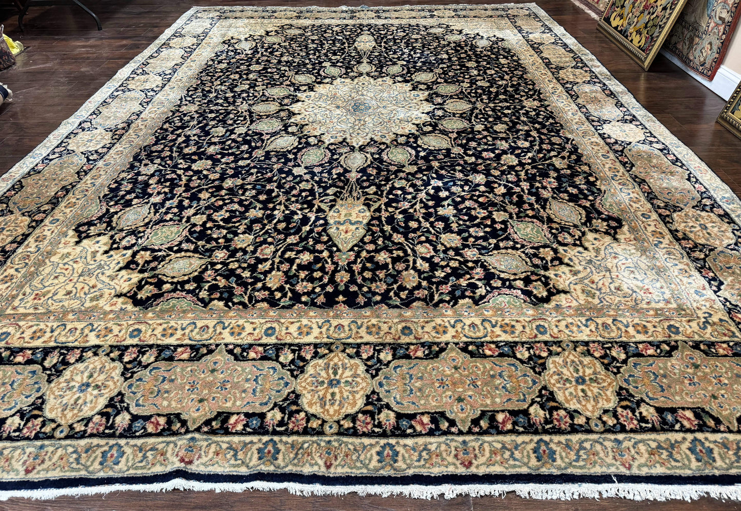 Large Persian Kerman Rug 10x14, Navy Blue and Beige, Floral Medallion, Traditional Elegant Persian Carpet, Signed by Masterweaver