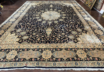 Large Persian Kerman Rug 10x14, Navy Blue and Beige, Floral Medallion, Traditional Elegant Persian Carpet, Signed by Masterweaver
