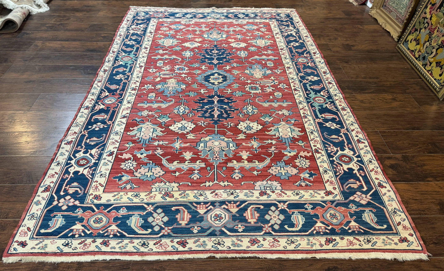Turkish Flatweave Rug 6x9, Heriz Design, Red and Blue