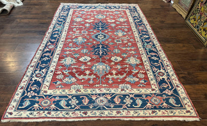 Turkish Flatweave Rug 6x9, Heriz Design, Red and Blue