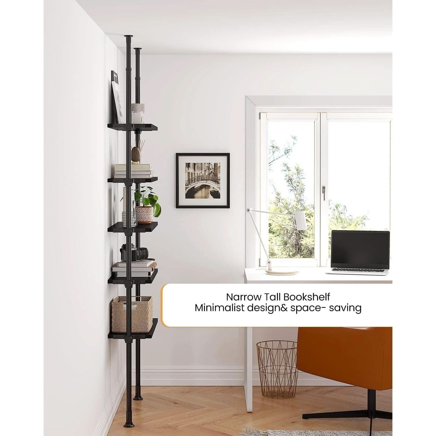 5 Tier Narrow Ladder Bookshelf With Floor To Ceiling Mount