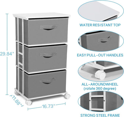 Dresser Tower 3 Drawer Dark Grey With Wood Top And Wheels