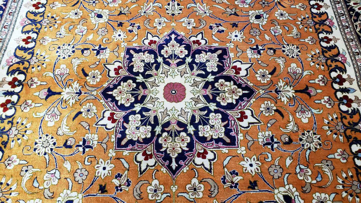 Vintage Persian Qum Silk Rug 4.6 x 6.7, Burnt Orange and Navy Blue, Antique Oriental Very Fine Signature Master Weaver 350+ KPSI Ghom Qom 5x7 Rug