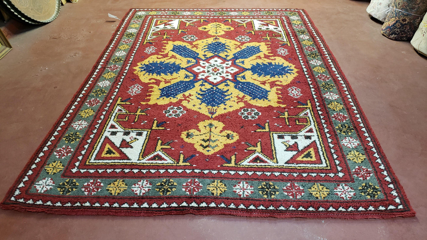 Colorful Moroccan Heriz Rug 6x9, Large Central Medallion, Red Yellow Blue