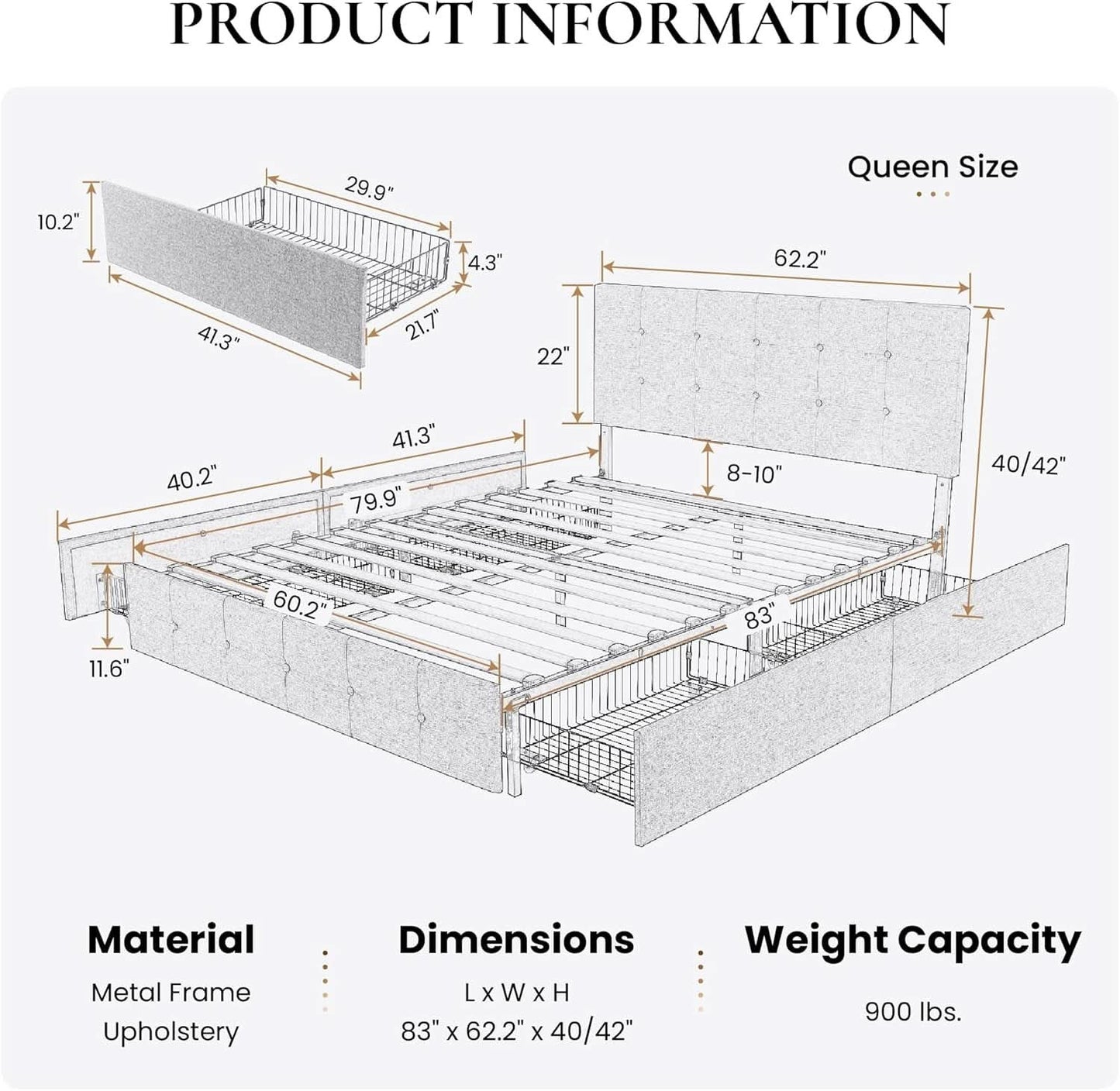Upholstered Queen Platform Bed Frame With 4 Storage Drawers