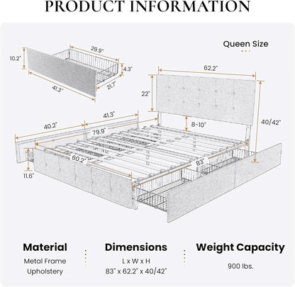 Upholstered Queen Platform Bed Frame With 4 Storage Drawers
