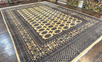 Pakistani Bokhara Turkoman Rug 9x11, Cream, Handmade Wool Vintage Carpet