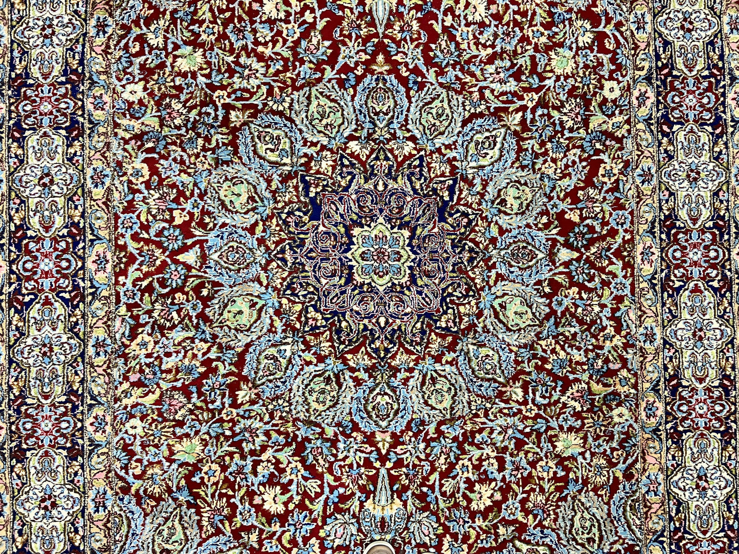 Persian Rug 7x10, Kirman Oriental Carpet 7 x 10 ft, Hand Knotted Wool Floral Medallion Semi Antique Persian Rug, Dark Red Light Blue Vintage
