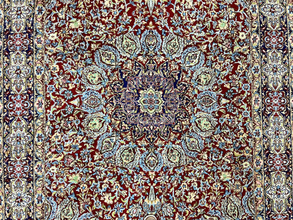 Persian Rug 7x10, Kirman Oriental Carpet 7 x 10 ft, Hand Knotted Wool Floral Medallion Semi Antique Persian Rug, Dark Red Light Blue Vintage