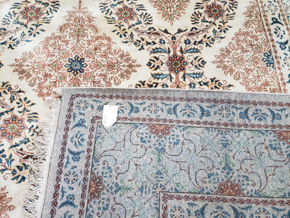 Fine Antique Persian Light Colored Kashan Carpet, 7x12, Top Quality, Rare, Ivory & Blues, Hand-Knotted, Wool