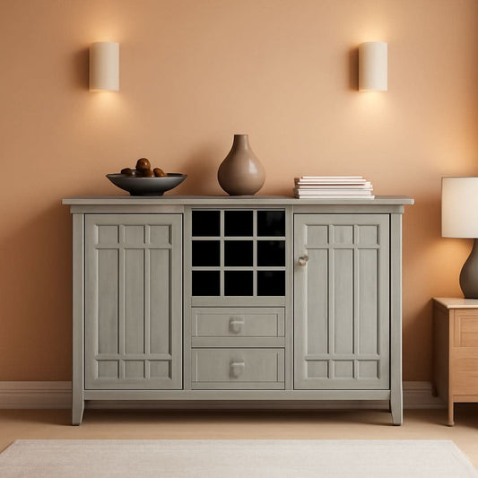Rustic Gray Pine Wood Sideboard Buffet With Wine Storage