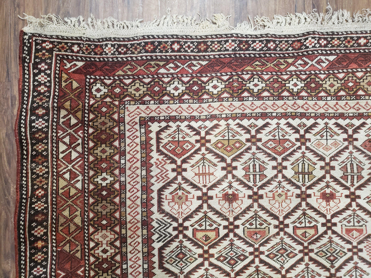 Antique Caucasian Shirvan Rug 4x6, Dagestan Area Rug, Wool Hand-Knotted Soft Red & Ivory 1920s Oriental Carpet, Soft Muted Colors