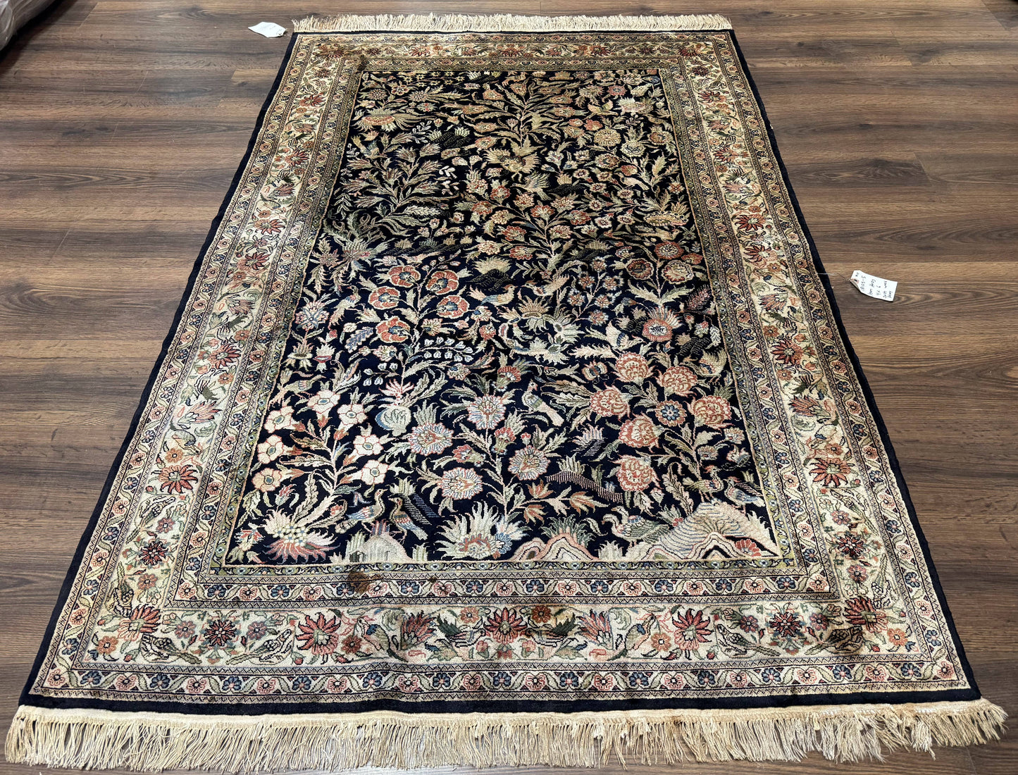 Silk Rug 4x6, Black and Cream, Floral & Bird Pictorials, Fine 330 KPSI, Sino Persian Rug