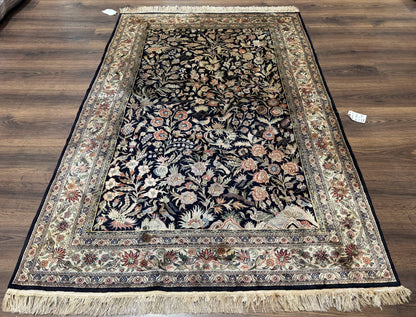 Silk Rug 4x6, Black and Cream, Floral & Bird Pictorials, Fine 330 KPSI, Sino Persian Rug