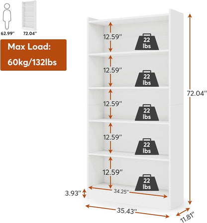 Tall White Six Tier Bookcase 72 Inches Contemporary Wood
