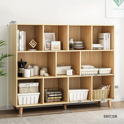 Open Cube Low Bookcase 3 Tier Freestanding Oak Finish