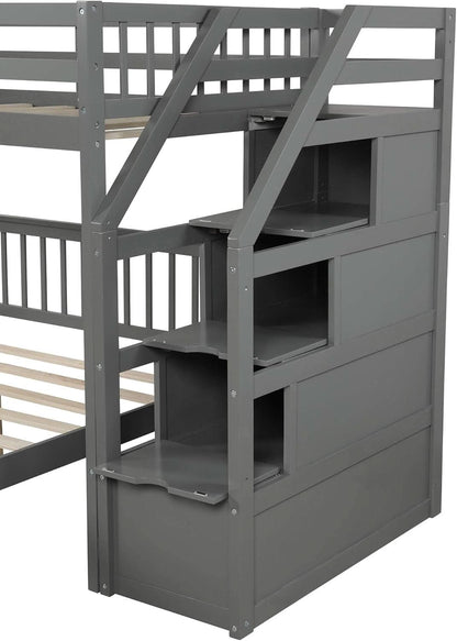 Gray Twin Over Full Bunk Bed With Storage Stairs Solid Wood
