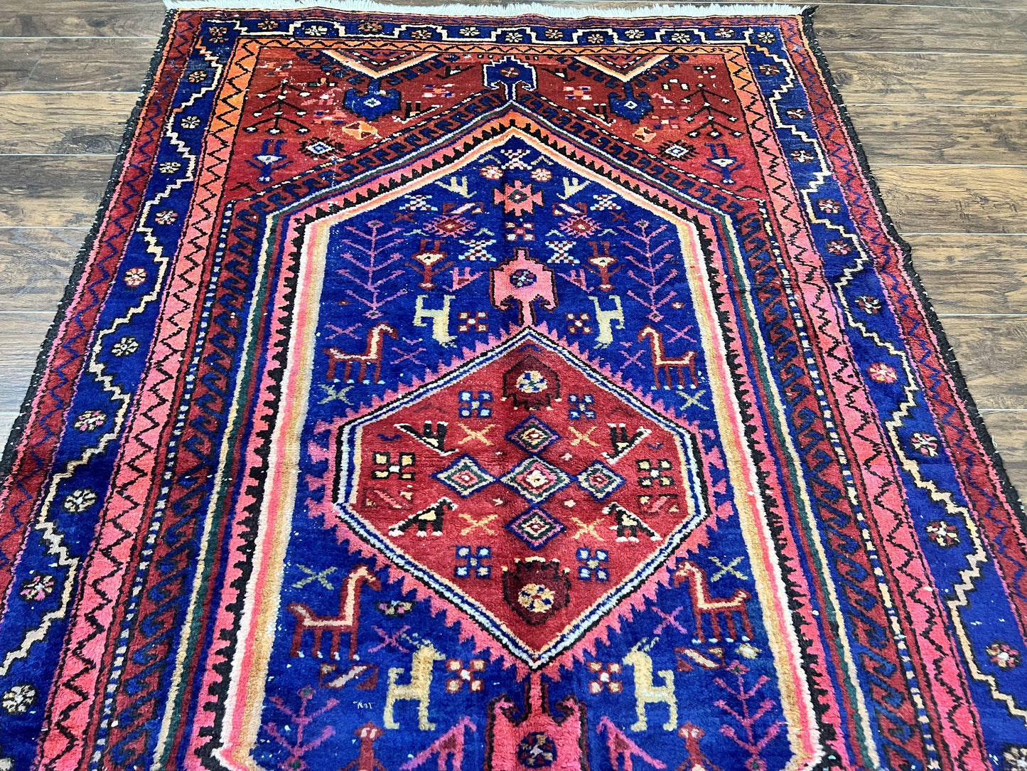 Persian Tribal Rug 5x7, Wool Handmade Vintage Hamadan Nahavand Carpet, Red & Navy Blue, Animal Motifs, Geometric Oriental Rug 5 x 7