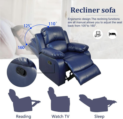 Manual Leather Recliner Sofa Set Blue Living Room Furniture