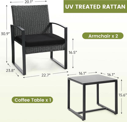 Three Piece Wicker Patio Bistro Set With Coffee Table Black Frame For Balcony Porch And Garden Outdoor