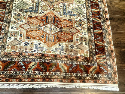 Turkish Kazak Rug 4x6, Geometric Medallions, Vintage Handmade Wool Carpet
