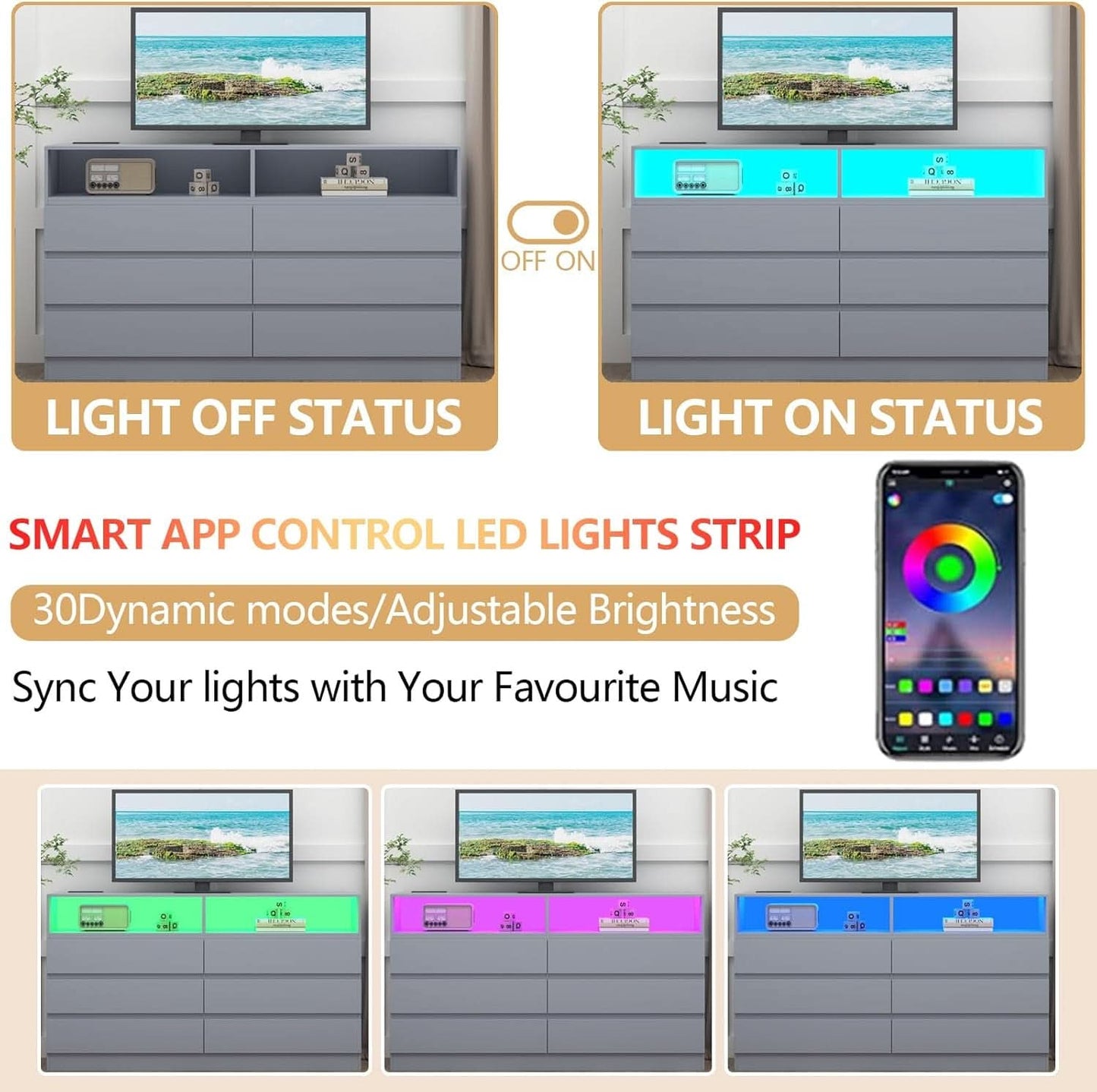 Six Drawer LED Dresser With USB Charging Ports For Bedroom