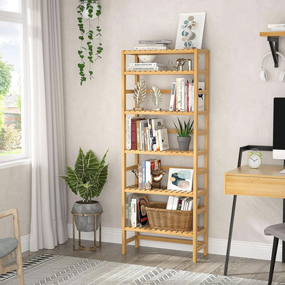 Six Tier Adjustable Bamboo Bookshelf Tall 63 Inch Natural