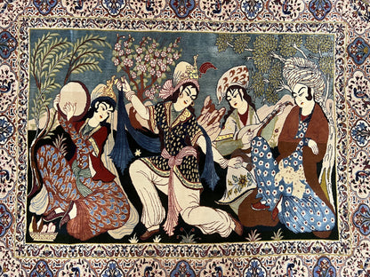 Persian Pictorial Rug 5 x 4 ft, Persian Isfahan Rug, Kork Wool on Silk Foundation, Signature from Master Weaver, Drums and Musical Instruments, Birds, Detailed