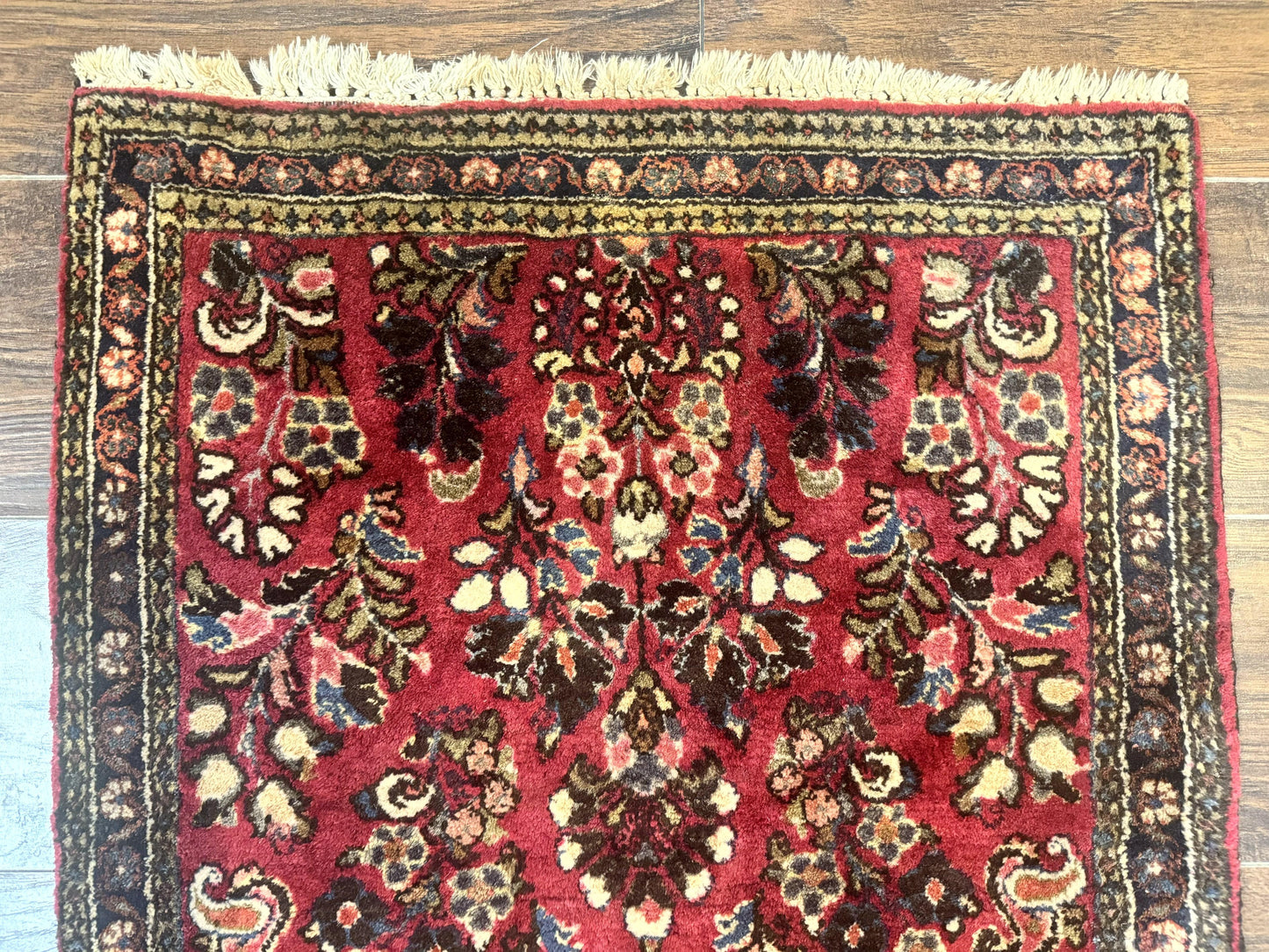 Small Persian Sarouk Rug 2x4, Floral, Red Hand Knotted Wool Traditional Oriental Carpet, Antique Persian Rug 2 x 4