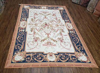 Chinese Aubusson Savonnerie Area Rug 6x8, Vintage Hand-Woven Needlepoint Rug, Flat Weave Handmade Wool Carpet Living Room Ivory & Navy Blue