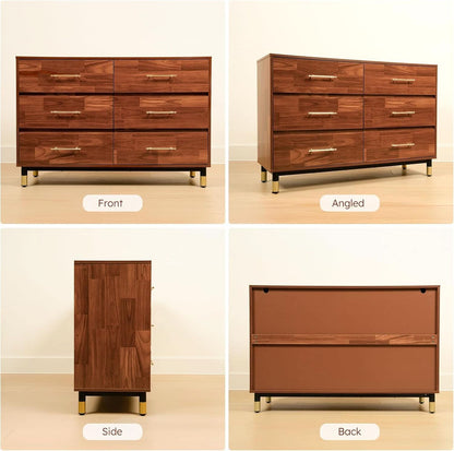 Walnut Dresser Six Drawer Storage Organizer Cabinet