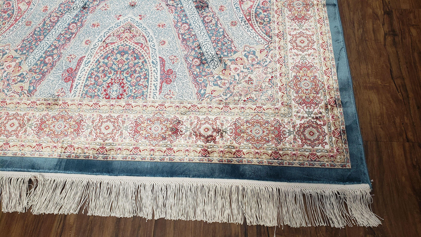 4x6 Silk Carpet, Light Blue & Beige Oriental Rug 4 x 6ft, Traditional Design Medallion All Over, Bamboo Silk, Super Fine, High Quality, Soft