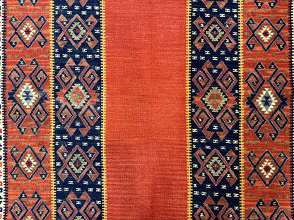 Turkish Kilim Rug 5x8, Flatweave Carpet, Handmade Bohemian Rug, Terracotta and Navy Blue