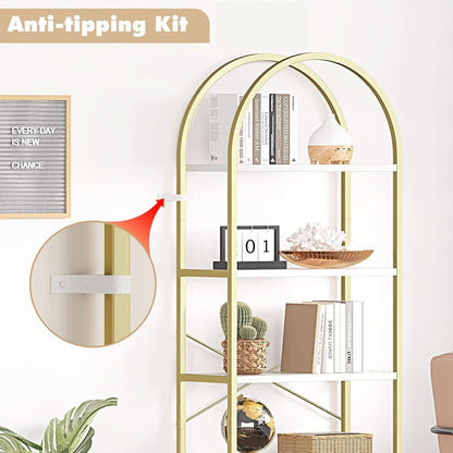 5 Tier Bookshelf Arched Display White Gold Metal Frame Bookcase